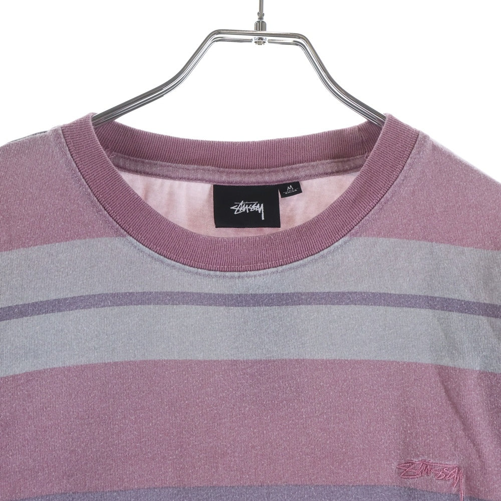 STUSSY(ステューシー) Faded Striped Crew ロゴ刺繍 フェイド ストライプ クルーネック 長袖Tシャツ カットソー ピンク/グレー 1140269