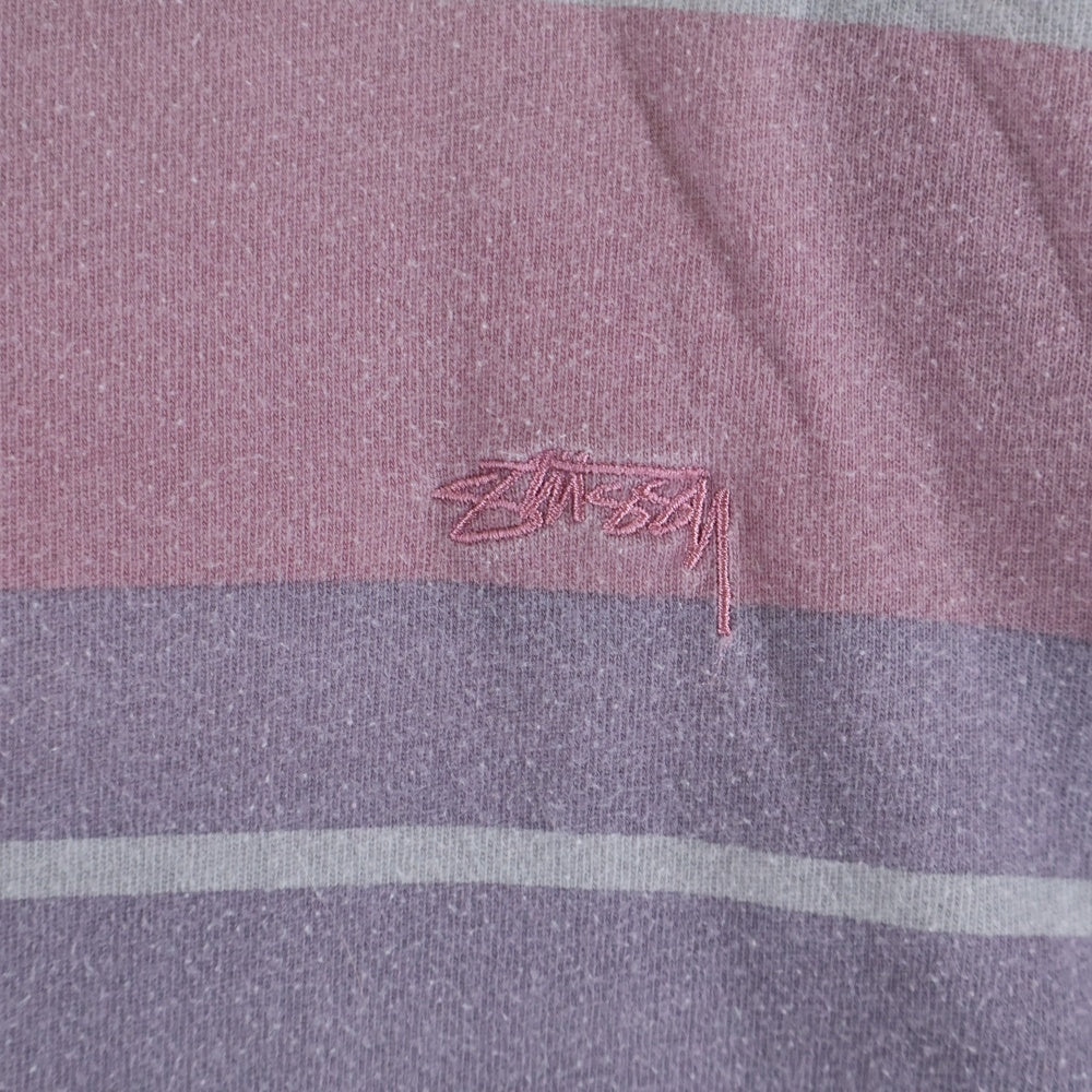 STUSSY(ステューシー) Faded Striped Crew ロゴ刺繍 フェイド ストライプ クルーネック 長袖Tシャツ カットソー ピンク/グレー 1140269