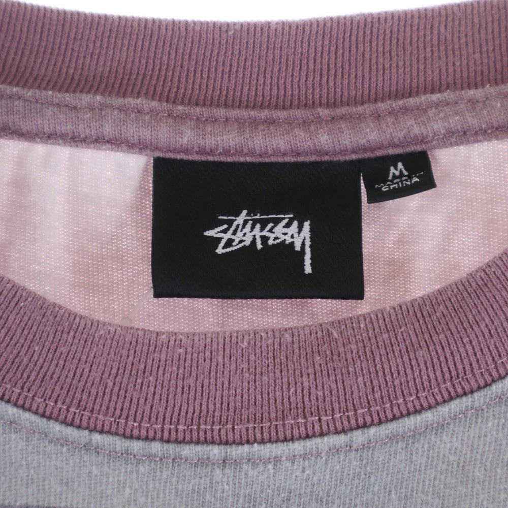 STUSSY(ステューシー) Faded Striped Crew ロゴ刺繍 フェイド ストライプ クルーネック 長袖Tシャツ カットソー ピンク/グレー 1140269