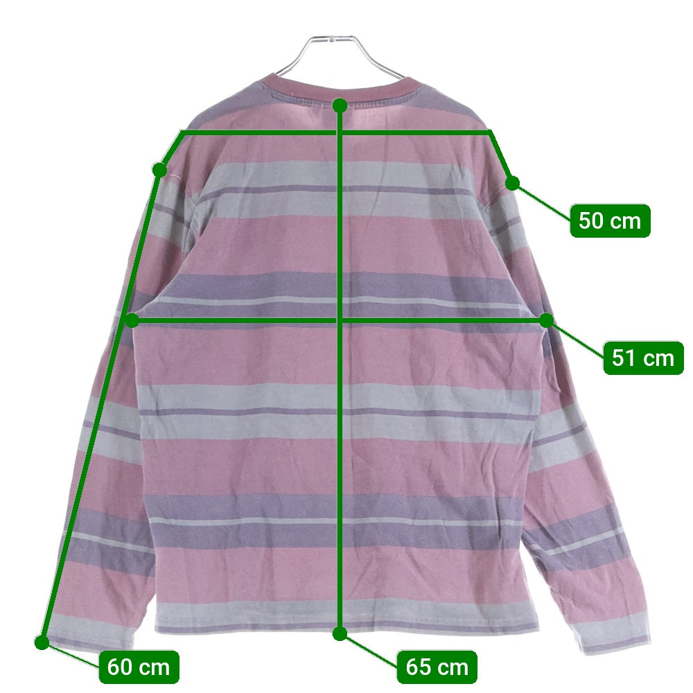 STUSSY(ステューシー) Faded Striped Crew ロゴ刺繍 フェイド ストライプ クルーネック 長袖Tシャツ カットソー ピンク/グレー 1140269