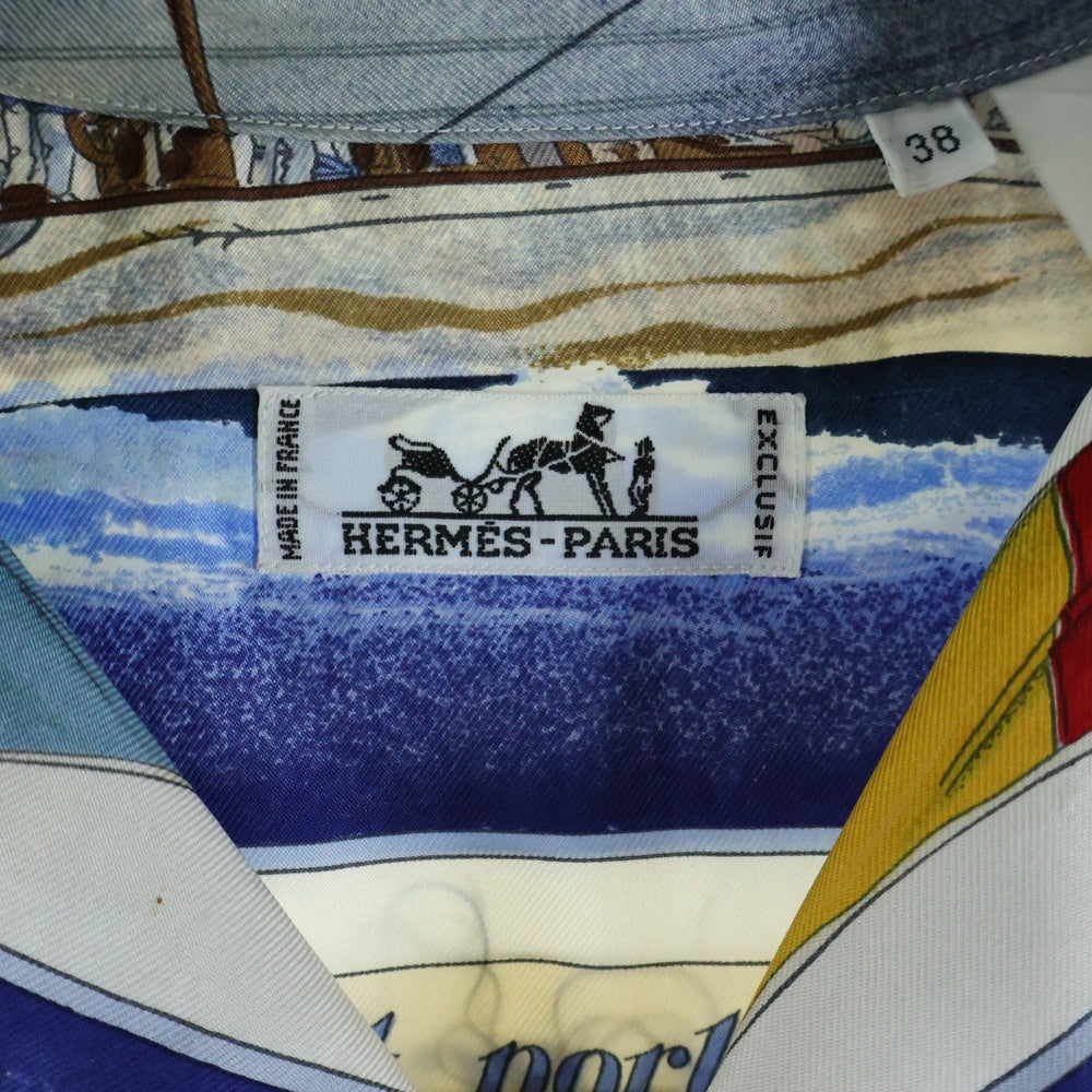 HERMES(エルメス) Vent Portant 追い風 シルク オープンカラー 半袖シャツ ホワイト/ブルー