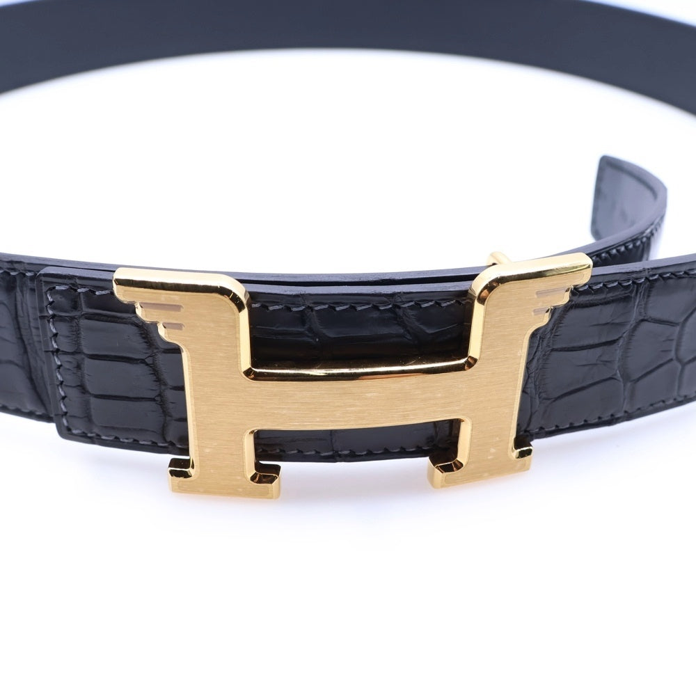 HERMES(エルメス) コンスタンス Hバックル ゴールド金具 C刻印 ポロサス クロコ レザー リバーシブル ベルト ダークグレー/ブラック
