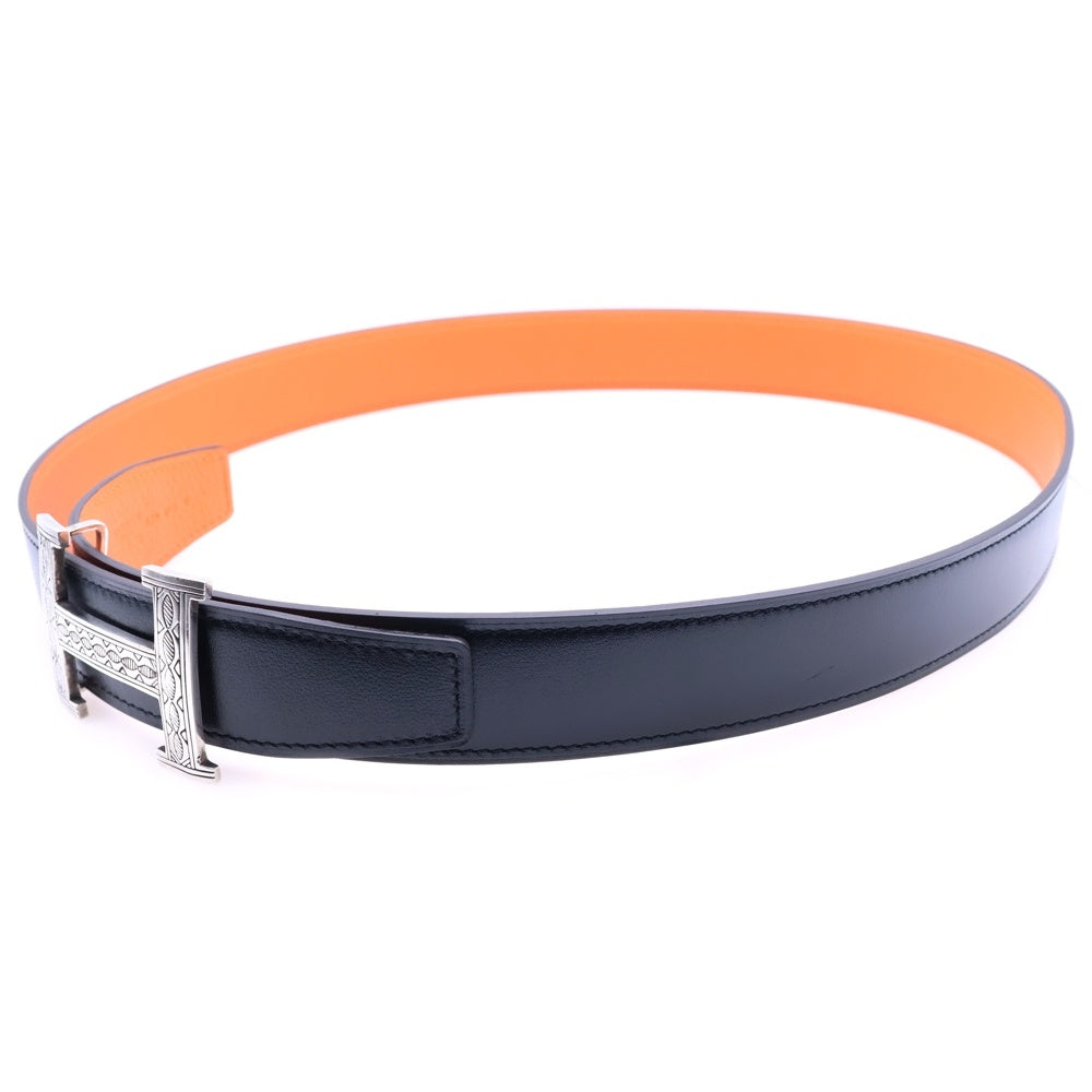 HERMES(エルメス) トゥアレグ Hバックル シルバー金具 A刻印 リバーシブル レザー ベルト ブラック/オレンジ
