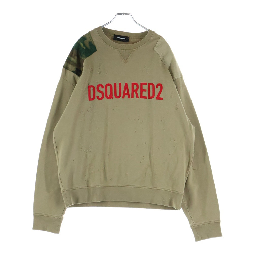 DSQUARED2(ディースクエアード) パッチワーク カモフラ ダメージ加工 フロッキーロゴプリント スウェット トレーナー ベージュ S74GU0643 S25030
