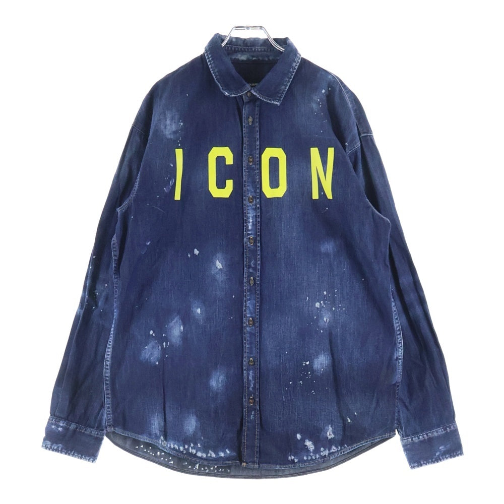 DSQUARED2(ディースクエアード) ICON ロゴプリント ダメージ加工 デニム 長袖シャツ インディゴ S74DM0273 S30341