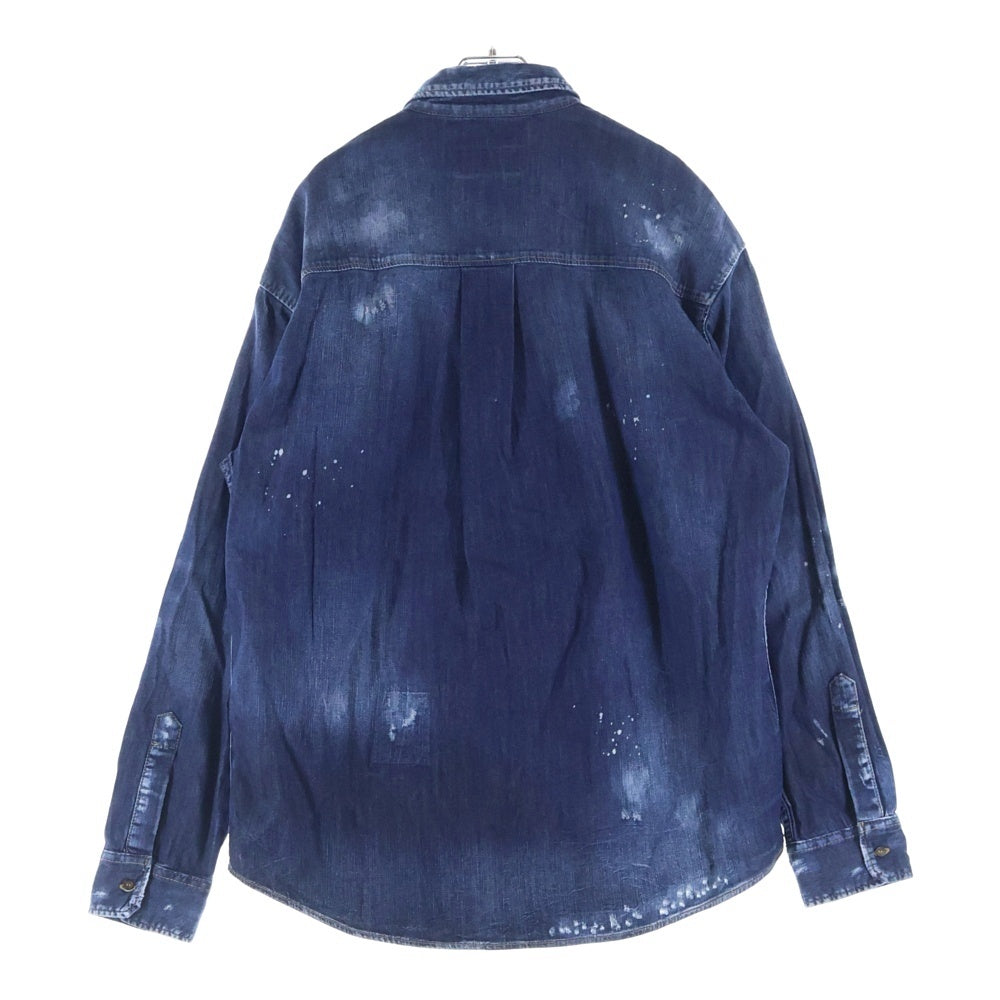DSQUARED2(ディースクエアード) ICON ロゴプリント ダメージ加工 デニム 長袖シャツ インディゴ S74DM0273 S30341