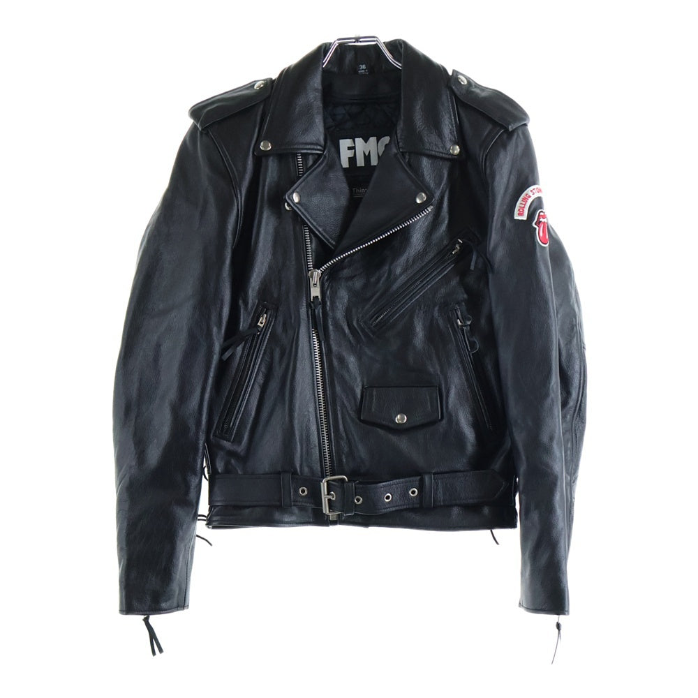 NO BRAND(ノーブランド) FMC ROLLING STONES ローリングストーンズ 刺繍 ワッペン レザー ダブルライダースジャケット ブラック