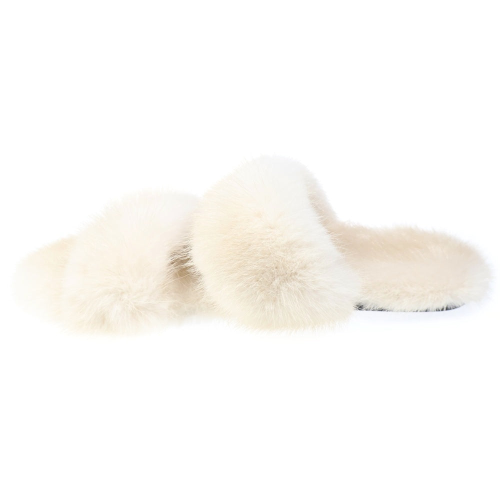 SAINT LAURENT PARIS(サンローランパリ) ファー フラットサンダル ホワイト レディース