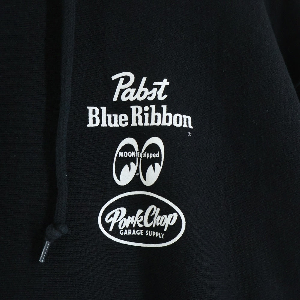 PORKCHOP(ポークチョップ) ×MOONEYES×Pabst Blue Ribbon HOODIE ムーンアイズ パブストブルーリボン プルオーバーパーカー ブラック