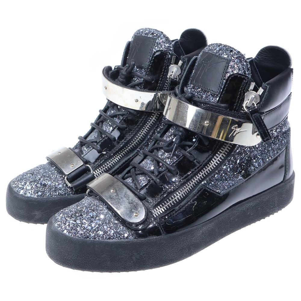 GIUSEPPE ZANOTTI(ジュゼッペ ザノッティ) ベルクロプレート ラメ レザー ハイカットスニーカー ブラック/シルバー