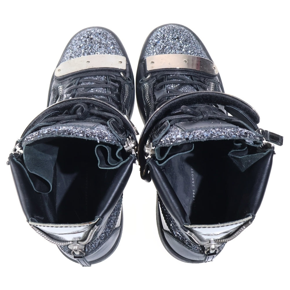 GIUSEPPE ZANOTTI(ジュゼッペ ザノッティ) ベルクロプレート ラメ レザー ハイカットスニーカー ブラック/シルバー