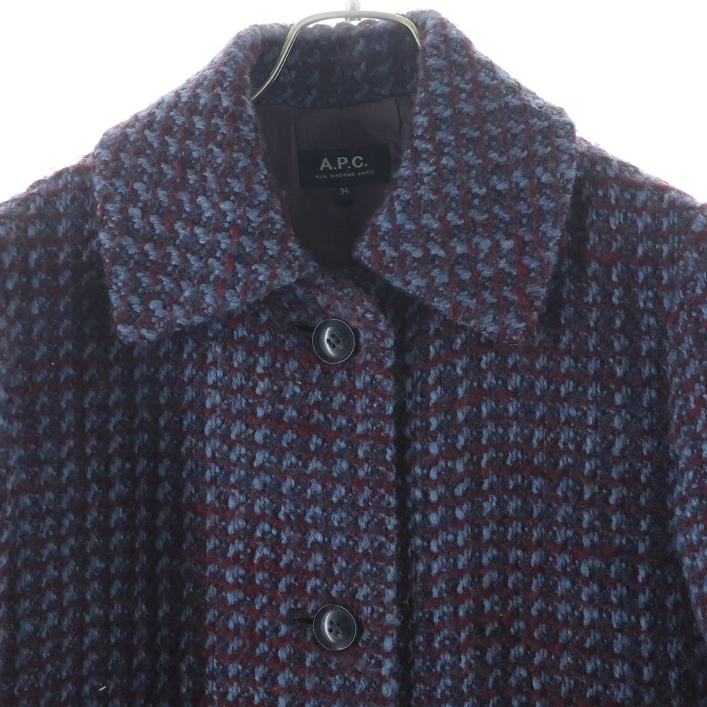 A.P.C(アーペーセー) ウールニット ステンカラーコート ブルー/レッド 1110221 レディース