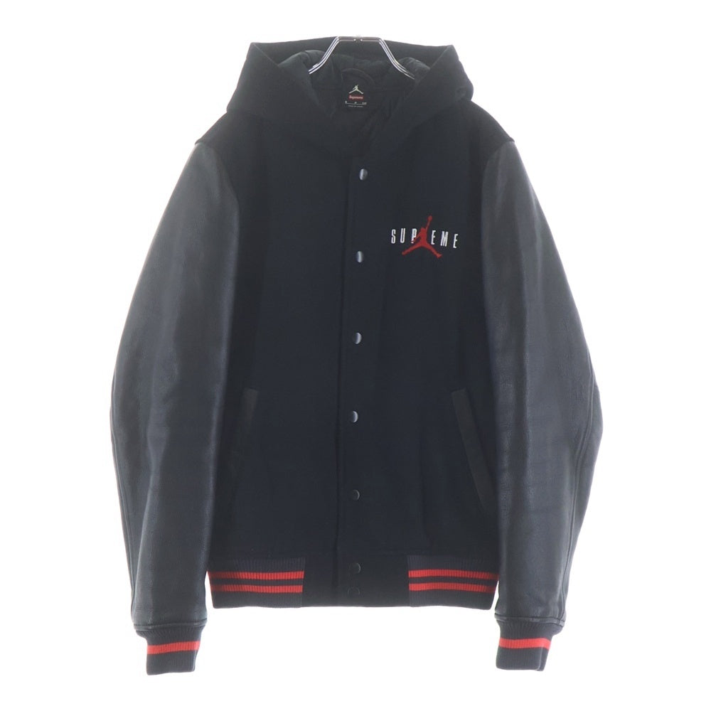 SUPREME(シュプリーム) 15AW ×NIKE JORDAN Hooded Varsity Jacket ナイキ ジョーダン フーデッド ウール レザー バーシティジャケット ブルゾン ブラック 799703-010