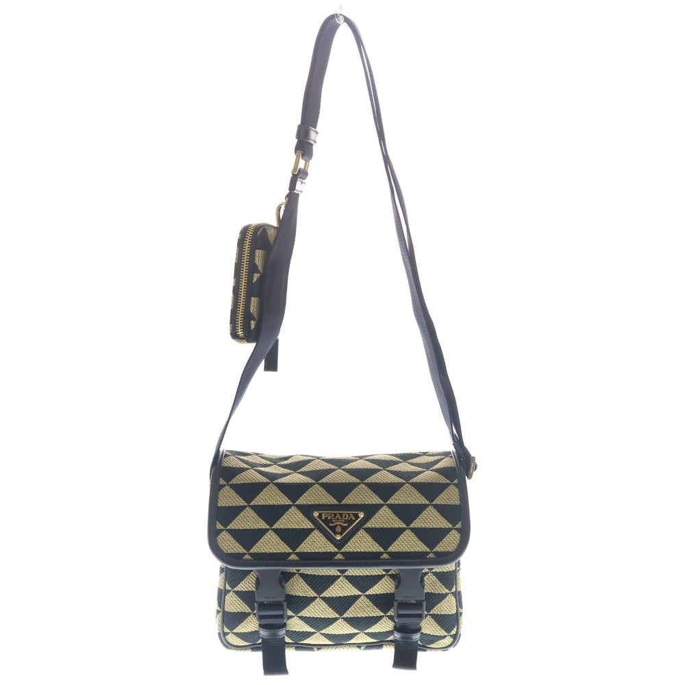 PRADA(プラダ) トライアングルロゴプレート ジャガード ナイロン ショルダーバッグ ブラック/ベージュ 2VD034 レディース