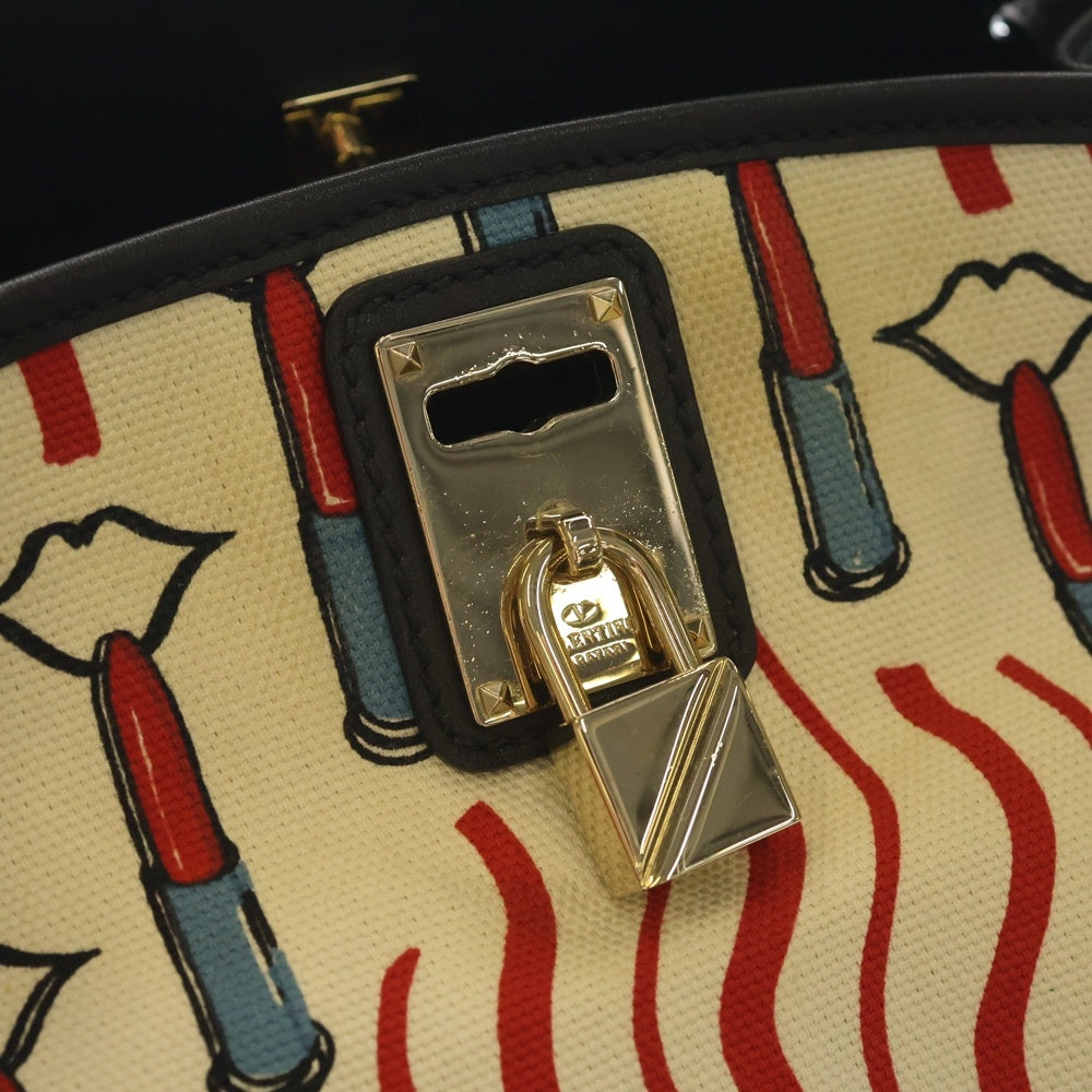 VALENTINO(ヴァレンティノ) 2Way Shoulder Bag 総柄 レザー キャンバス ハンドバッグ ショルダーバッグ ブラック/マルチ PW2B0A81FQS レディース