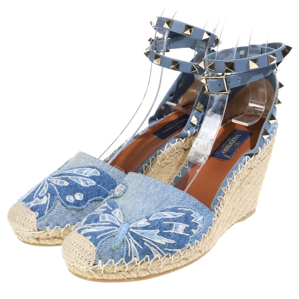 VALENTINO(ヴァレンティノ) ロックスタッズ カムバタフライ デニム エスパドリーユ ヒール パンプス サンダル シューズ インディゴ 37 MW2S0780 レディース