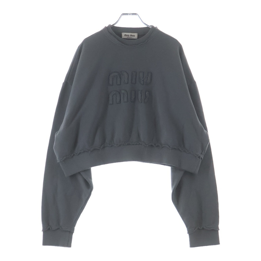miumiu(ミュウミュウ) 23SS カットオフ ダメージ加工 後染め ロゴ ショート丈 スウェット トレーナー グレー レディース MJL911