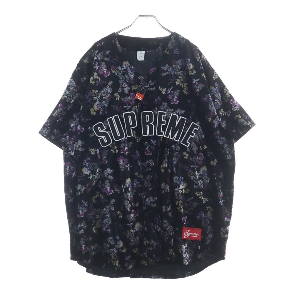 SUPREME(シュプリーム) 19AW Floral Velour Baseball Jersey フローラル ベルベット ベロア アーチロゴ ベースボール 半袖シャツ ブラック