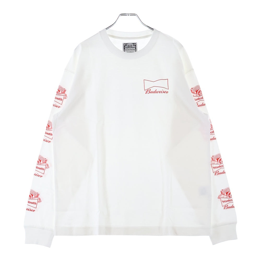 WASTED YOUTH(ウェイステッドユース) ×BUDWEISER Long Sleeve T-shirt#1 バドワイザー 袖プリントロゴ 長袖Tシャツ カットソー ホワイト WY26CS001