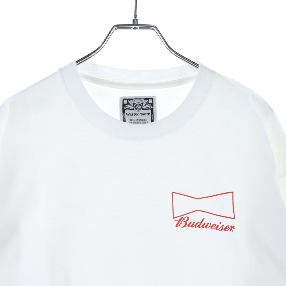 WASTED YOUTH(ウェイステッドユース) ×BUDWEISER Long Sleeve T-shirt#1 バドワイザー 袖プリントロゴ 長袖Tシャツ カットソー ホワイト WY26CS001