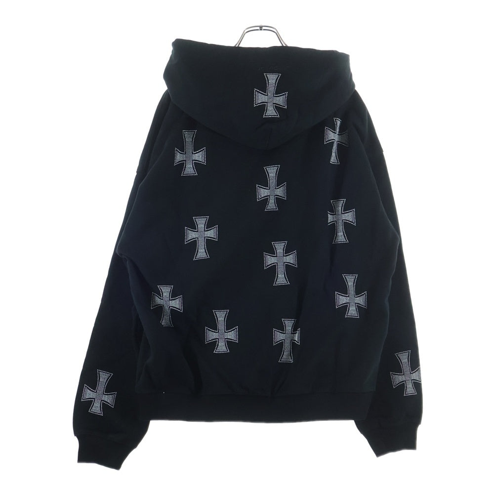 UNKNOWN LONDON(アンノーンロンドン) White Cross Rhinestone Zip Hoodie クロスラインストーン スウェット ジップアップ パーカー ブラック