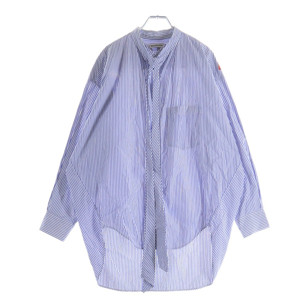 BALENCIAGA(バレンシアガ) 19SS バックロゴプリント ボウタイ ストライプ コットン 長袖シャツ ホワイト/ブルー 520497 レディース