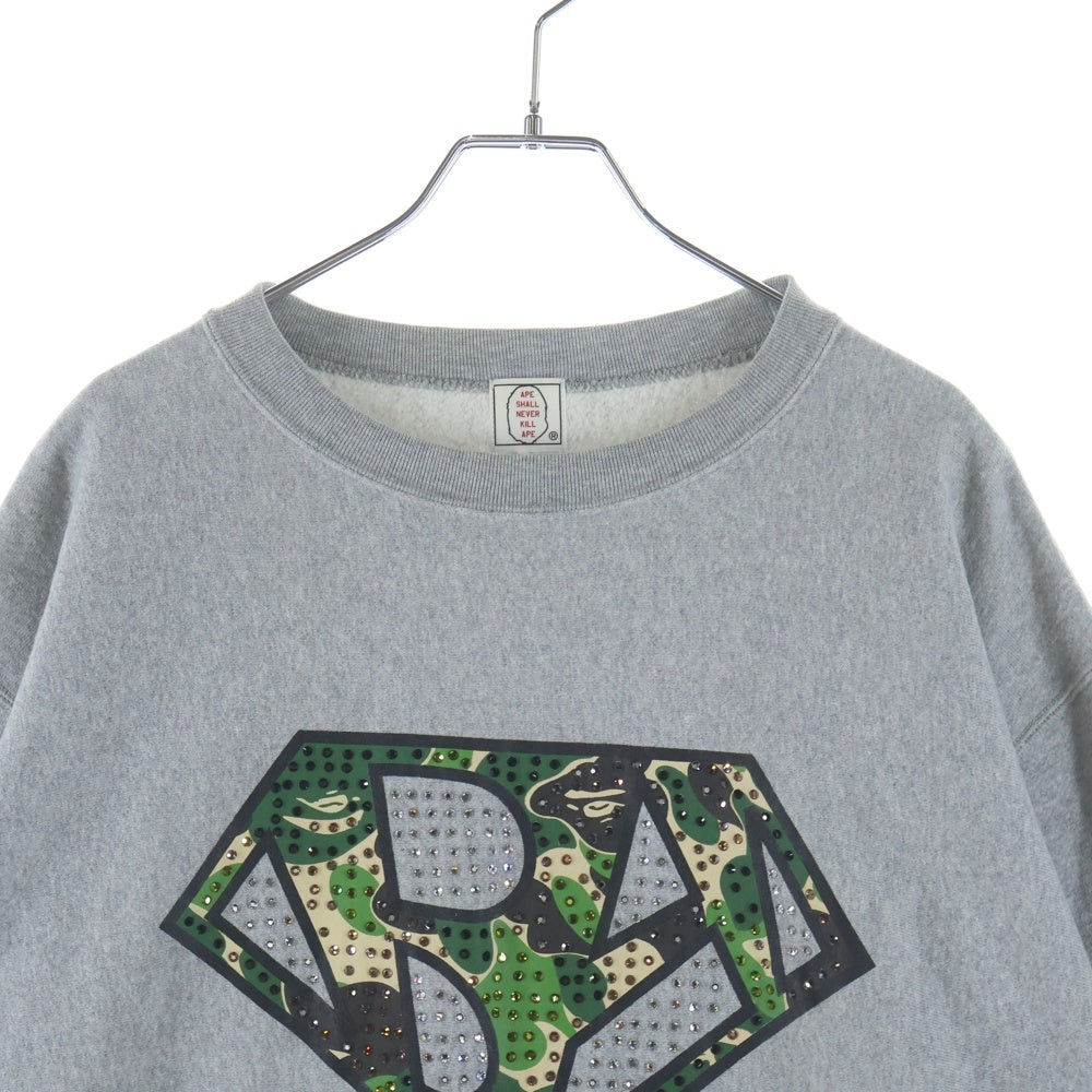 A BATHING APE(アベイシングエイプ) 00s ロゴ ラインストーン クルーネック スウェットトレーナー グレー