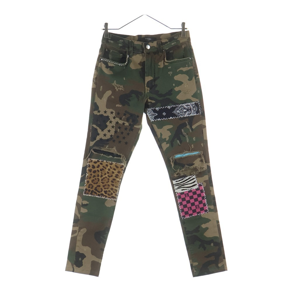 AMIRI(アミリ) カモフラ ダメージ加工 マルチパッチ ロックスタッズ スキニーパンツ カーキ
