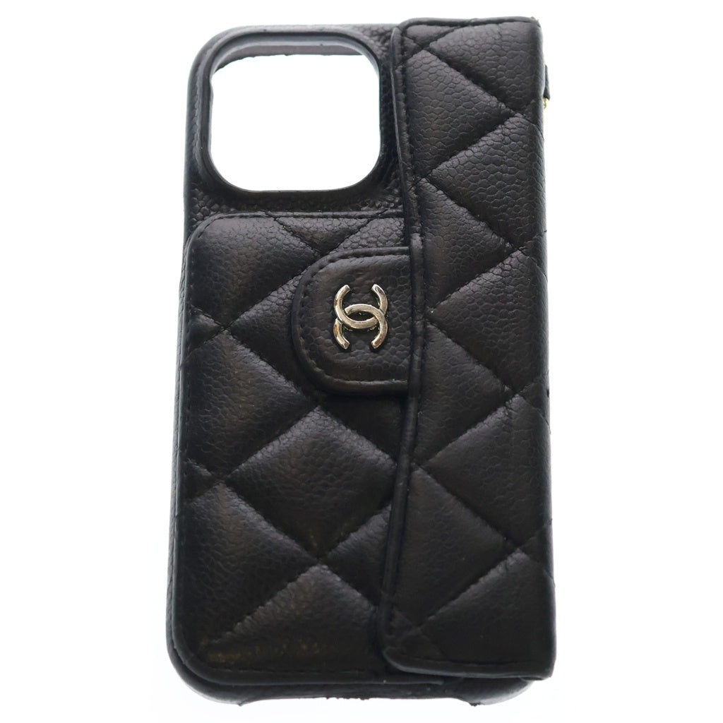 CHANEL(シャネル) キャビアスキン マトラッセ レザー iPhone14 アイフォン ケース ブラック ランダムシリアル