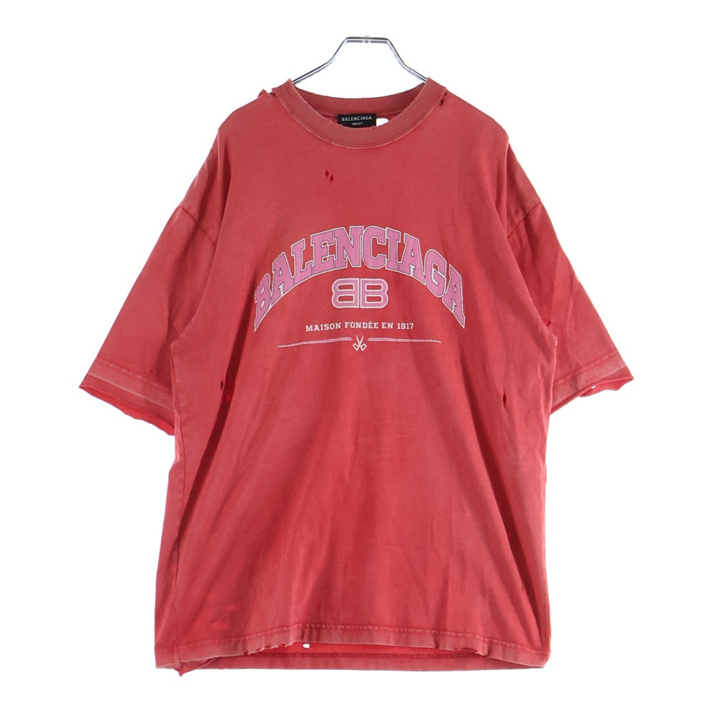 BALENCIAGA(バレンシアガ) 22SS ロゴプリント クラッシュ加工 半袖 Tシャツ レッド