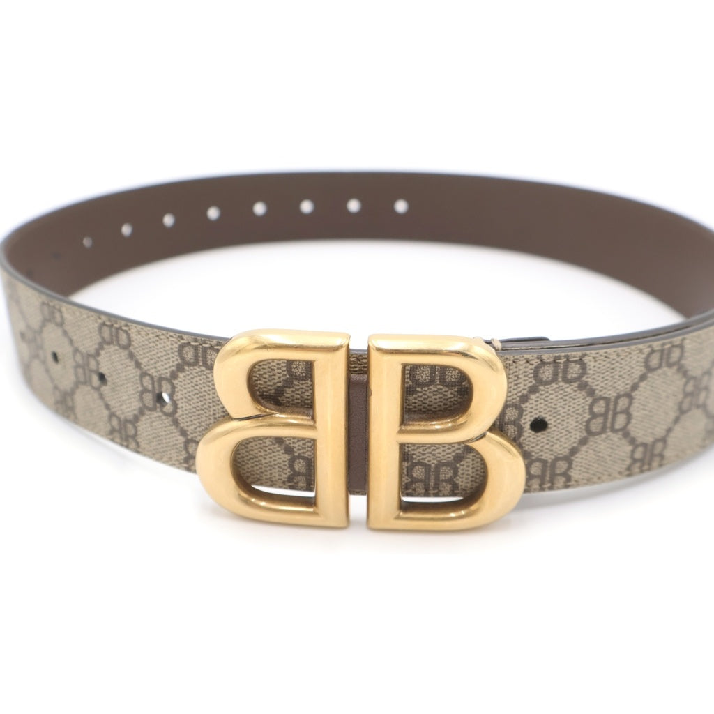 BALENCIAGA(バレンシアガ) ×GUCCI ザ ハッカープロジェクト BBロゴ レザー ベルト ベージュ/ゴールド 680456