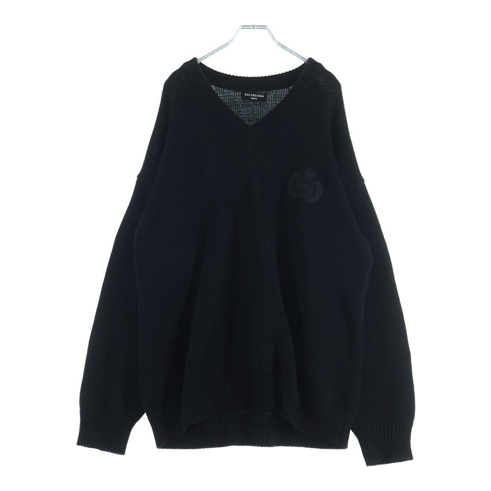 BALENCIAGA(バレンシアガ) Braided Knit V-Neck Sweater ブレイドニット Vネック ロゴ刺繍 バックプリント コットン ニット セーター ブラック 662727 T3214