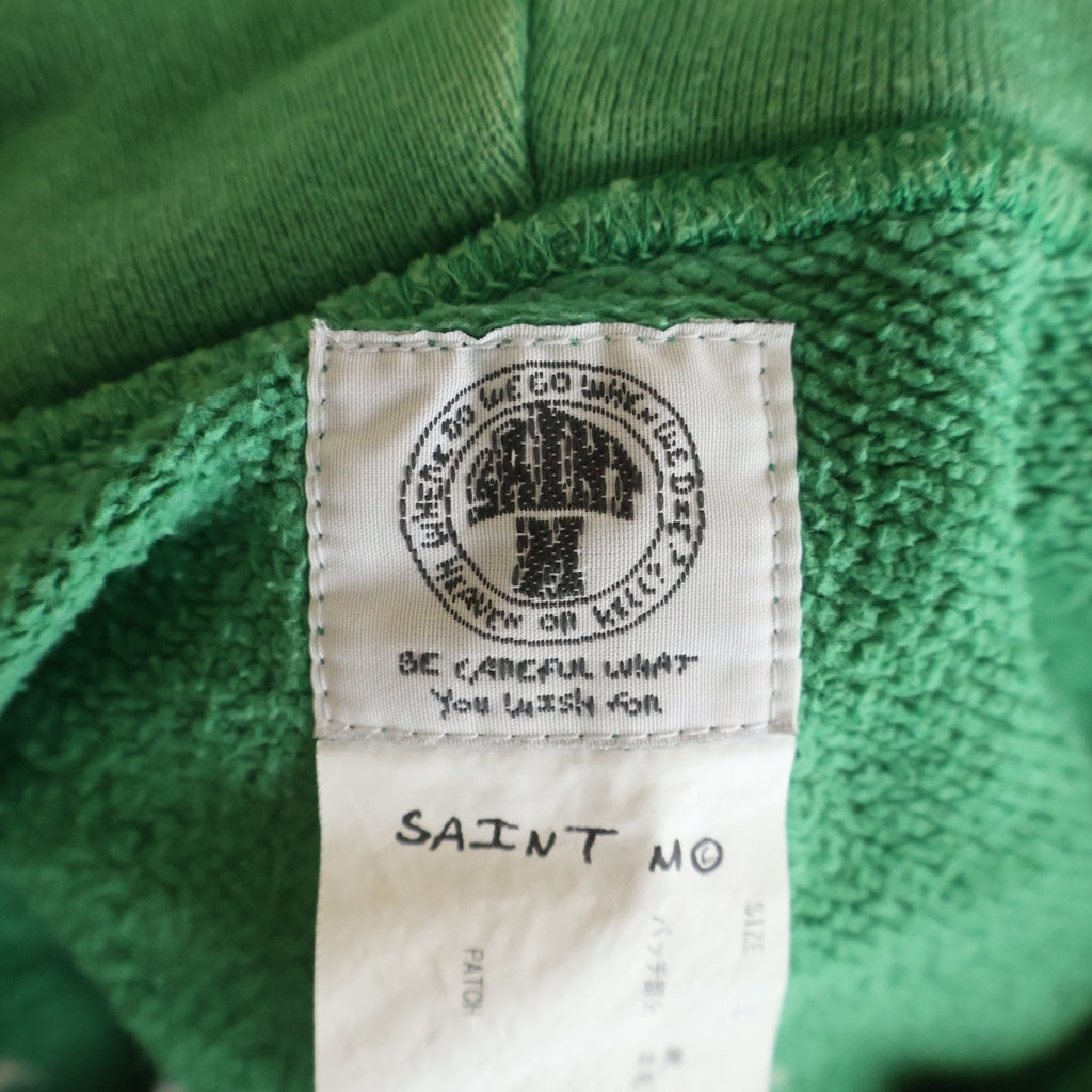 SAINT MICHAEL(セントマイケル) 22SS HOODIE FELT USED加工 フェルトロゴパーカー ダメージ加工 プルオーバースウェットパーカー グリーン SM-S22-0000-041