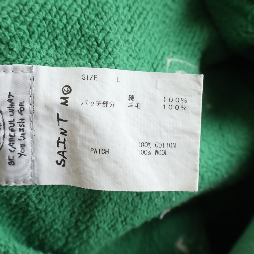 SAINT MICHAEL(セントマイケル) 22SS HOODIE FELT USED加工 フェルトロゴパーカー ダメージ加工 プルオーバースウェットパーカー グリーン SM-S22-0000-041