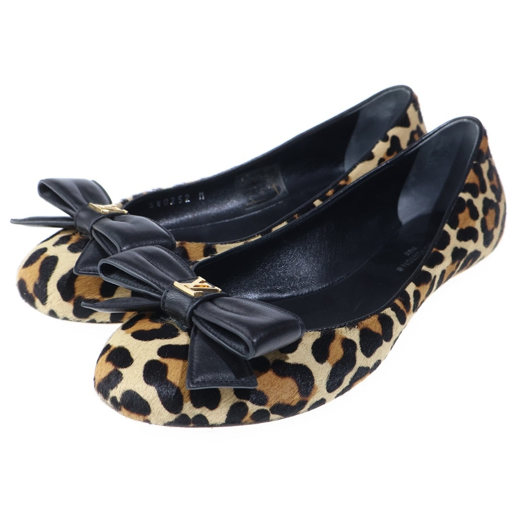 LOUIS VUITTON(ルイヴィトン) ポピライン LVロゴ リボン レオパード ハラコレザー パンプス バレエシューズ フラットシューズ ベージュ レディース