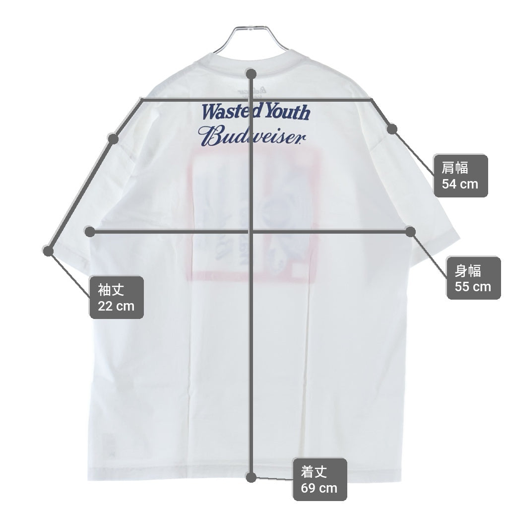 WASTED YOUTH(ウェイステッドユース) ×Budweiser Tee バドワイザー プリント クルーネック 半袖Tシャツ カットソー ホワイト