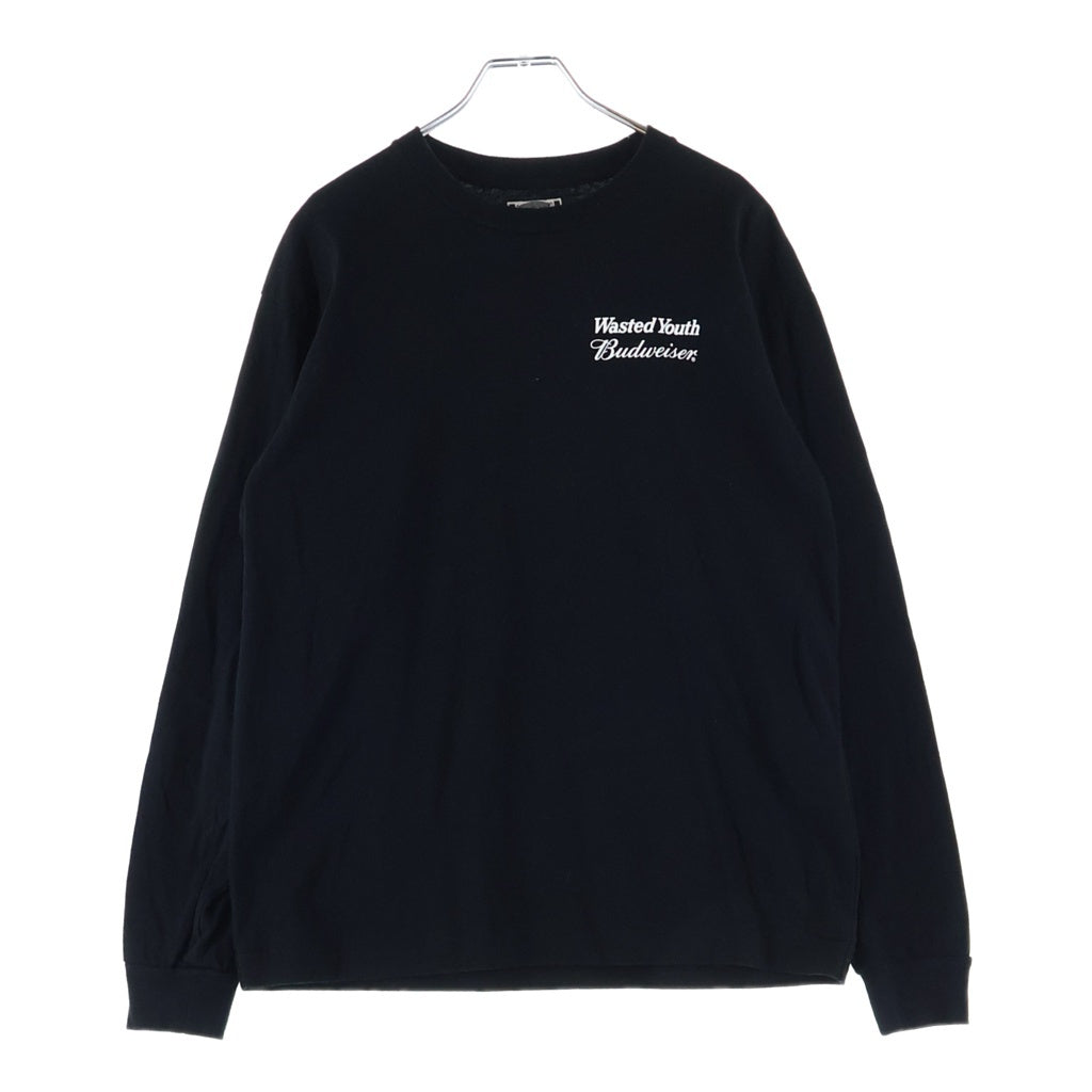WASTED YOUTH(ウェイステッドユース) 23SS ×Budweiser LS Tee バドワイザー ロゴプリント クルーネック 長袖Tシャツ カットソー ブラック