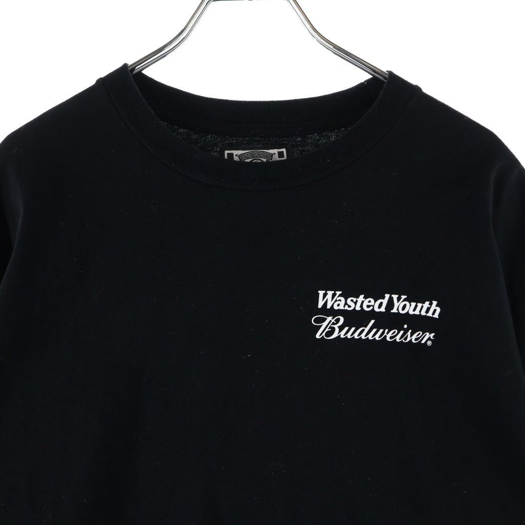 WASTED YOUTH(ウェイステッドユース) 23SS ×Budweiser LS Tee バドワイザー ロゴプリント クルーネック 長袖Tシャツ カットソー ブラック