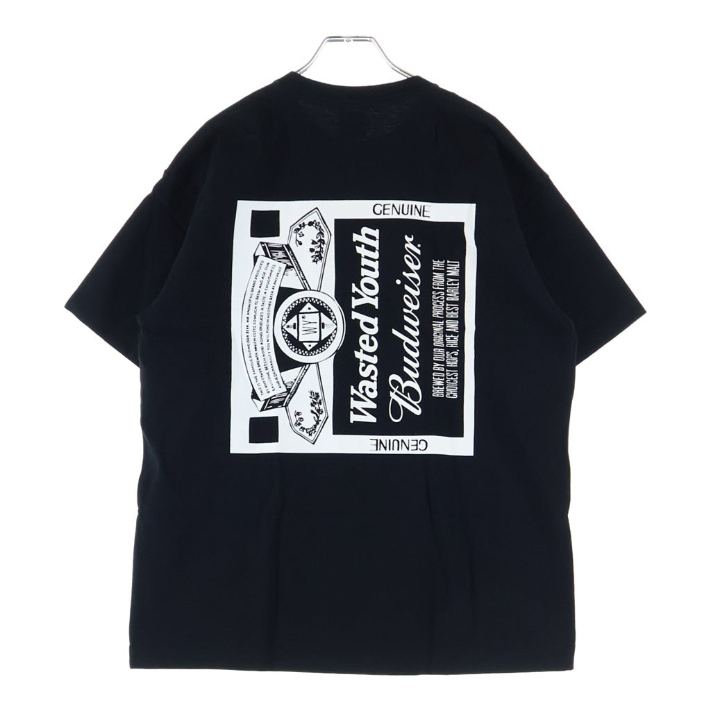WASTED YOUTH(ウェイステッドユース) ×Budweiser T-Shirts バドワイザー ロゴプリント クルーネック 半袖Tシャツ カットソー ブラック