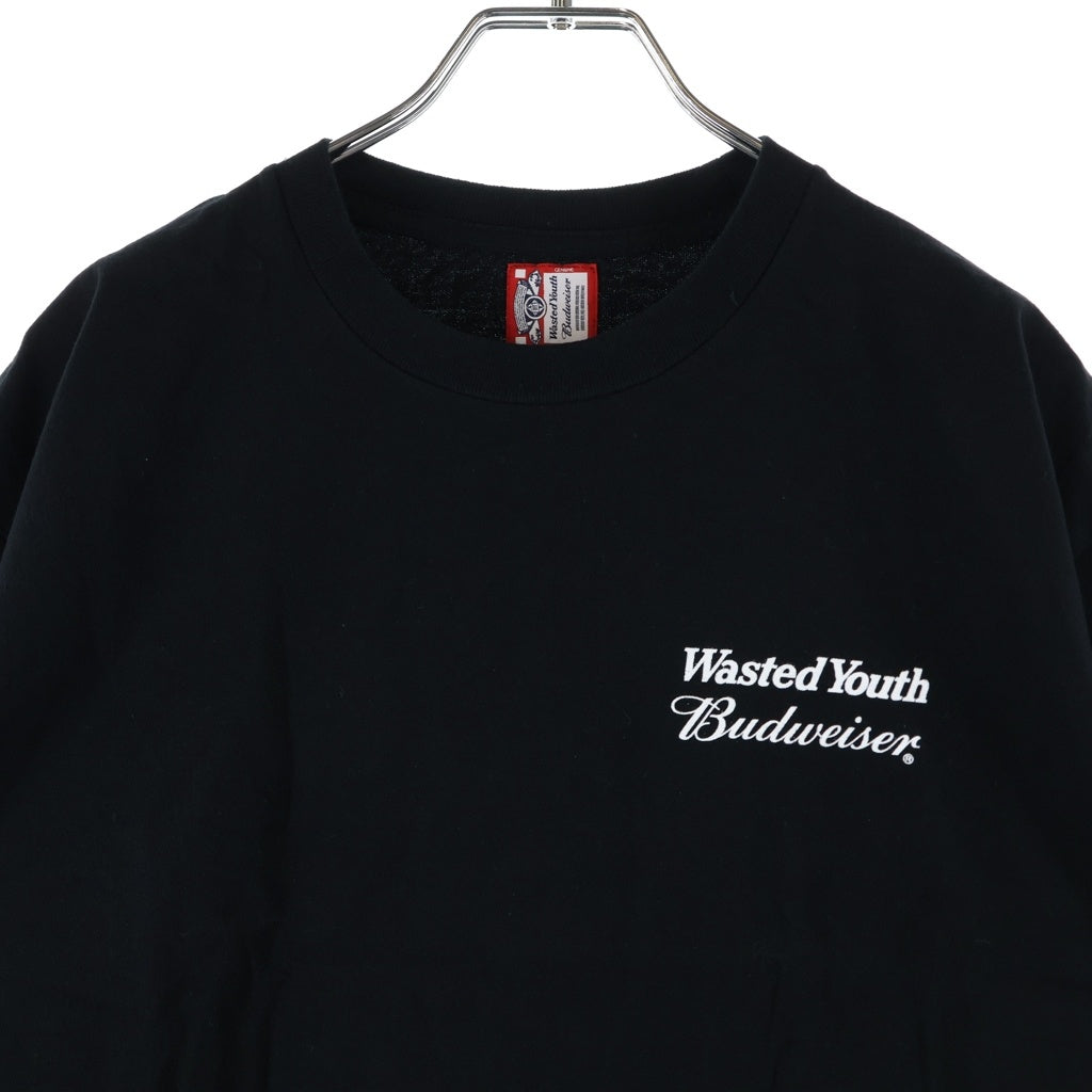 WASTED YOUTH(ウェイステッドユース) ×Budweiser T-Shirts バドワイザー ロゴプリント クルーネック 半袖Tシャツ カットソー ブラック