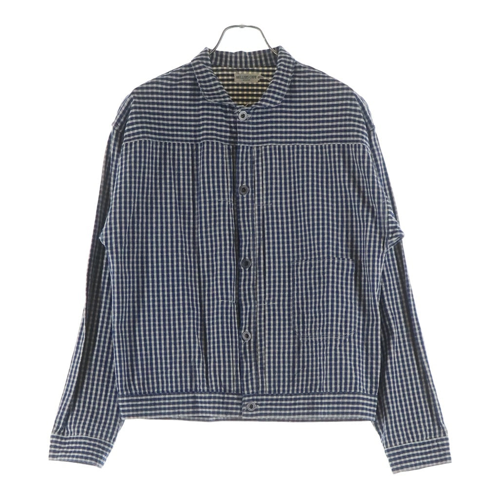 HELLER'S CAFE(ヘラーズカフェ) INDIGO CHECK ROUND COLLAR JACKET インディゴ チェック ラウンド カラー ジャケット ブルー