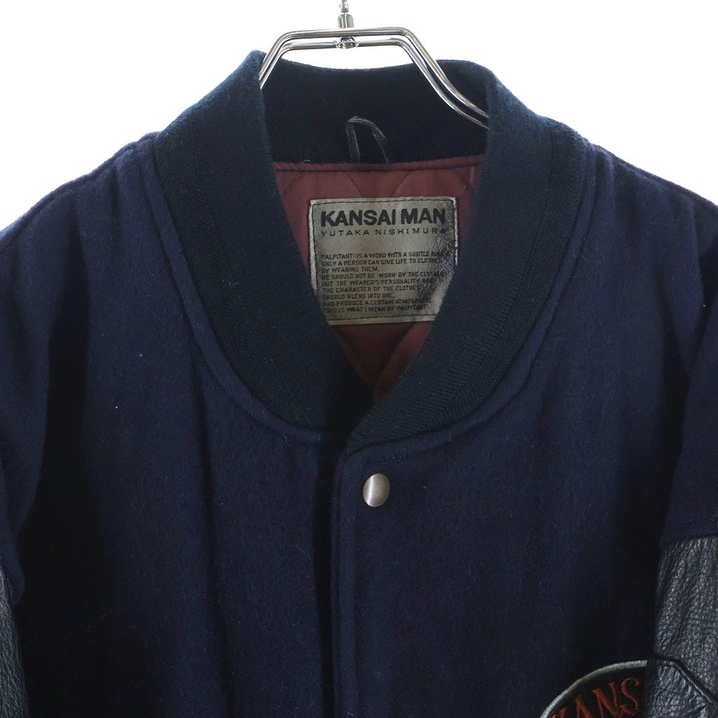 NO BRAND(ノーブランド) KANSAIMAN(カンサイマン)山本寛斎 90S 袖レザー ウール 刺繍 スタジャン ジャケット ブルゾン ブラック/ネイビー