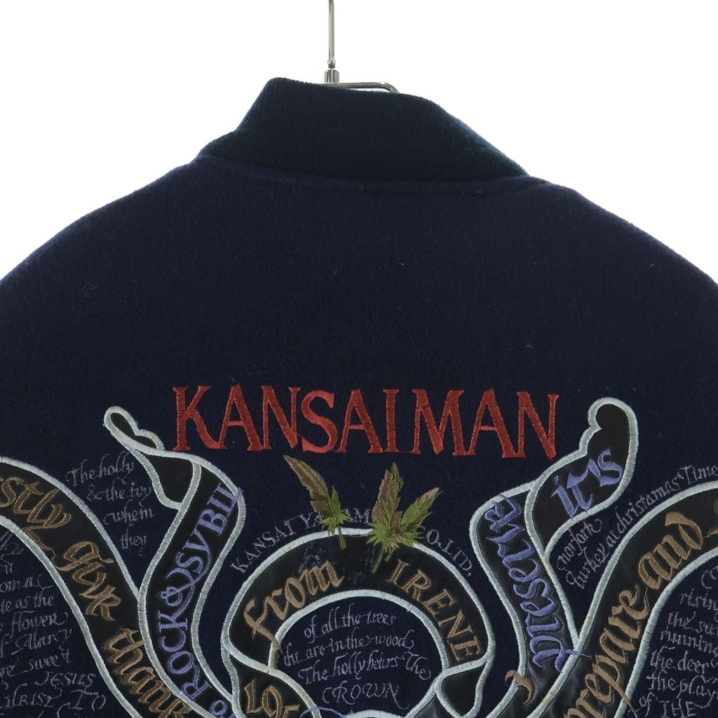 NO BRAND(ノーブランド) KANSAIMAN(カンサイマン)山本寛斎 90S 袖レザー ウール 刺繍 スタジャン ジャケット ブルゾン ブラック/ネイビー