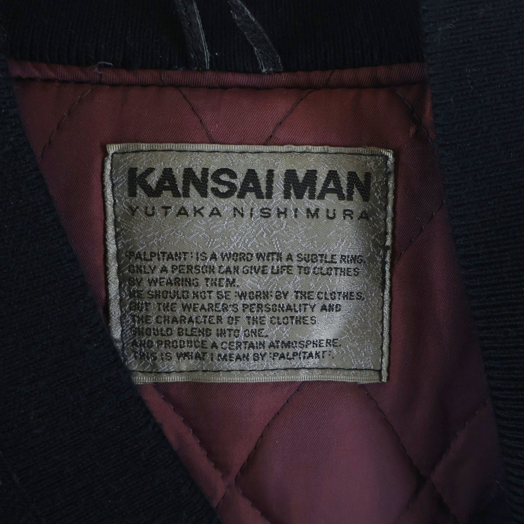 NO BRAND(ノーブランド) KANSAIMAN(カンサイマン)山本寛斎 90S 袖レザー ウール 刺繍 スタジャン ジャケット ブルゾン ブラック/ネイビー