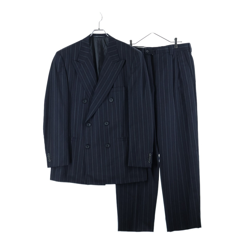 GIANNI VERSACE(ジャンニ ヴェルサーチ) ウール ストライプ ピークドラペル 3B ダブルテーラードジャケット 2タック スラックスパンツ ブラック セットアップ