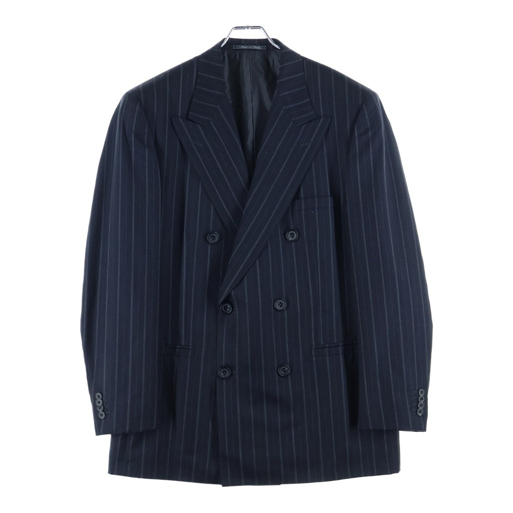 GIANNI VERSACE(ジャンニ ヴェルサーチ) ウール ストライプ ピークドラペル 3B ダブルテーラードジャケット 2タック スラックスパンツ ブラック セットアップ