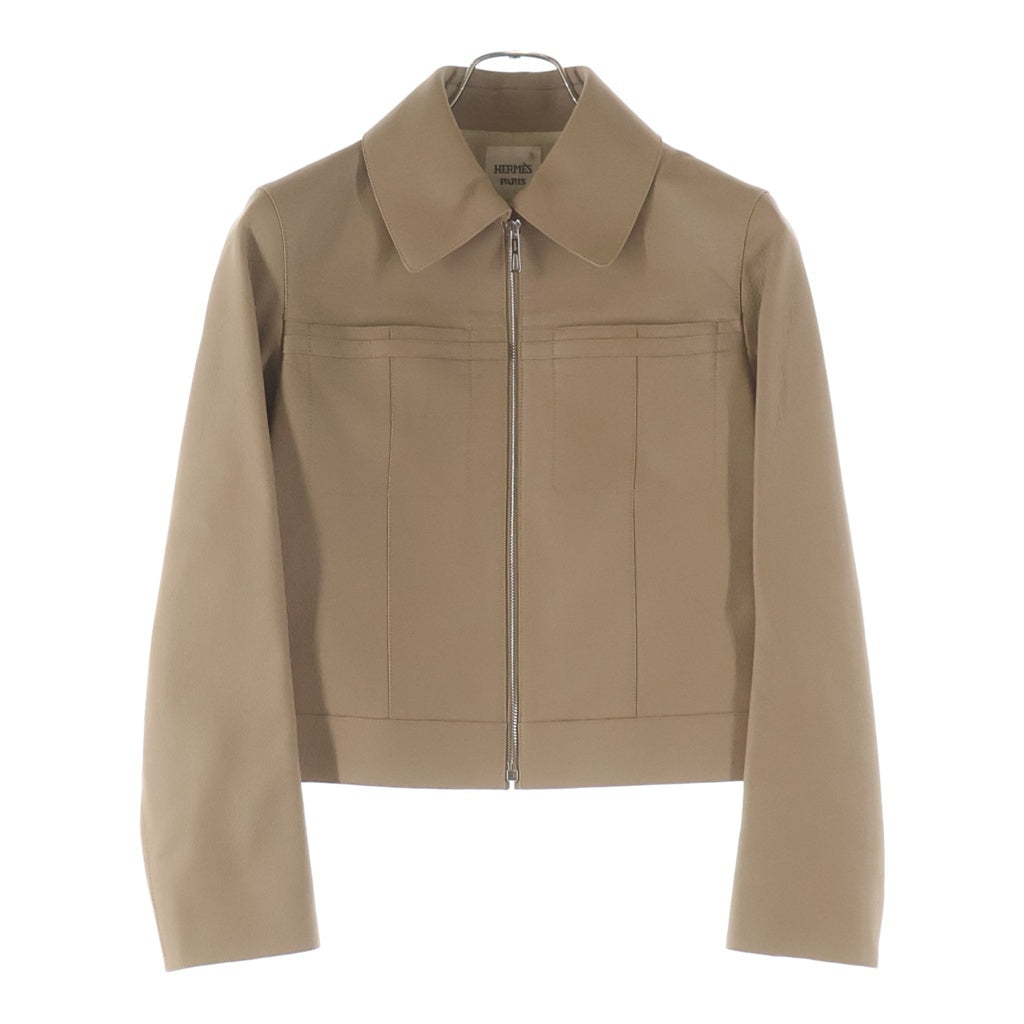 HERMES ベージュレザーアウター HERMES(エルメス) ゴートレザー シルクレーヨンライナー ジップアップ