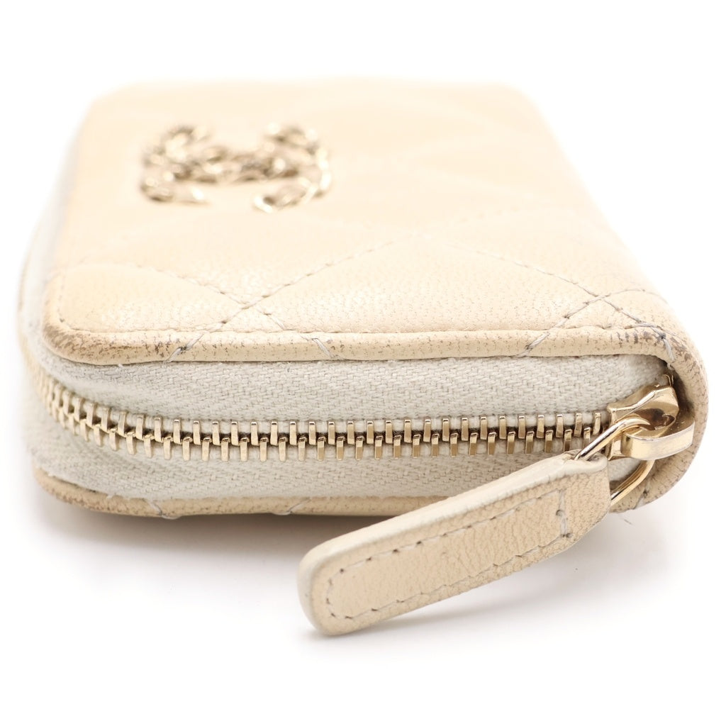 CHANEL(シャネル) ココマーク マトラッセ ラムレザー ラウンドファスナー コンパクトウォレット コインケース ホワイト レディース