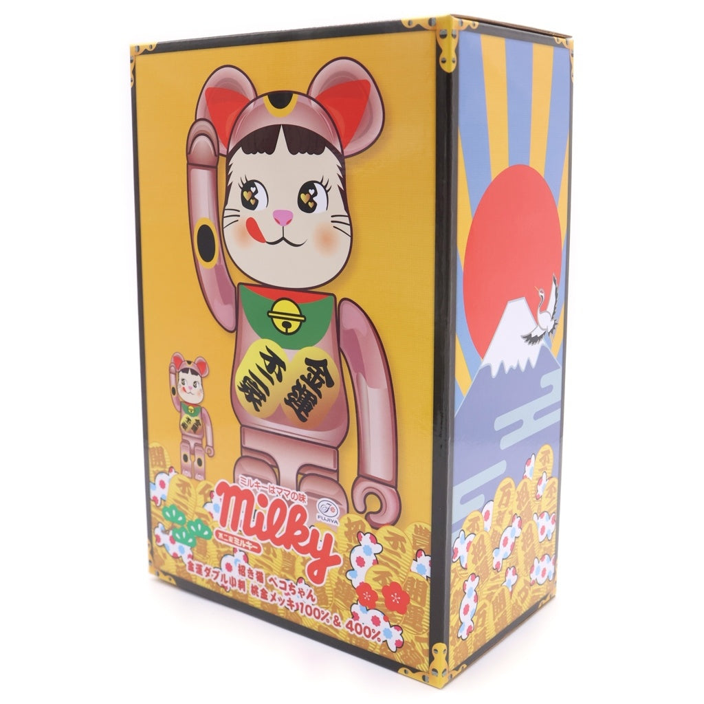 MEDICOM TOY(メディコムトイ) ×不二家 ペコちゃん 招き猫 金運ダブル小判 桃金メッキ 400%&100% フィギュア 人形 ピンクゴールド
