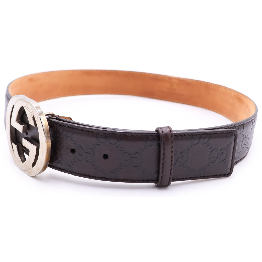 GUCCI(グッチ) インターロッキングGG バックル レザーシマデザイン ベルト ブラウン 114984-525040